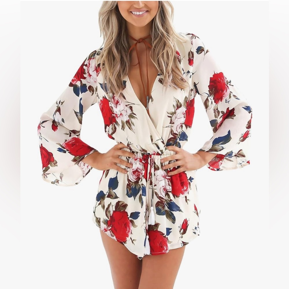Floral Print Long Sleeves Shorts Romper